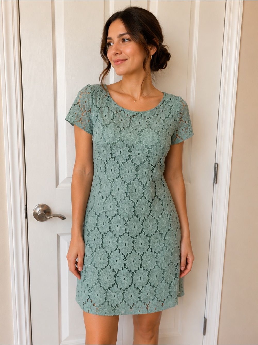 Lace Overlay Short Sleeve Dress in a beautiful Green